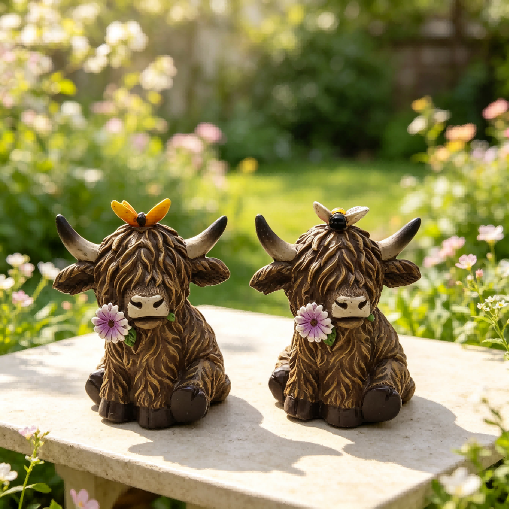Highland Cow Resin Figurine Set - Whimsical Garden Decor