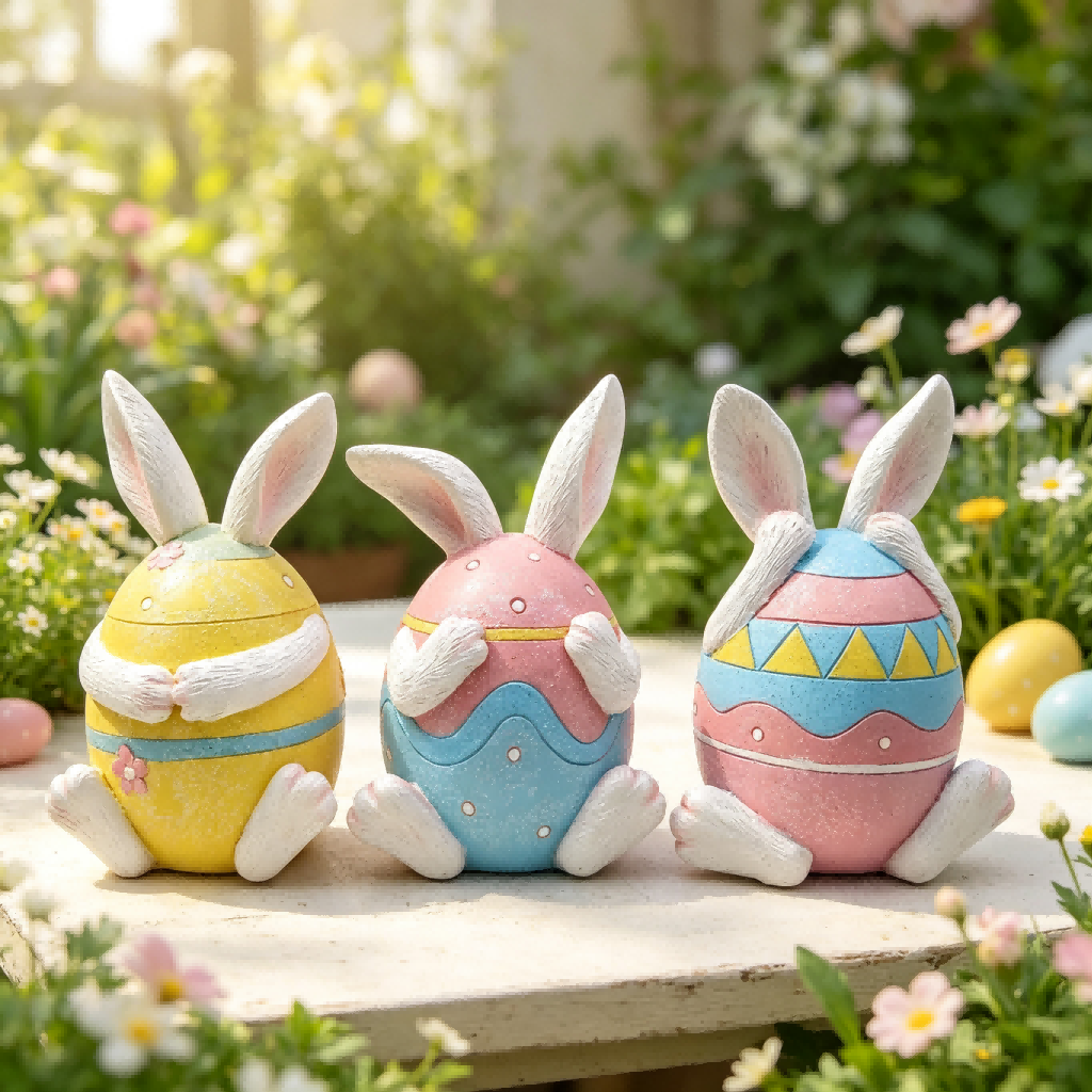 Bunny Egg Resin Figurine Set - Whimsical Easter Decor